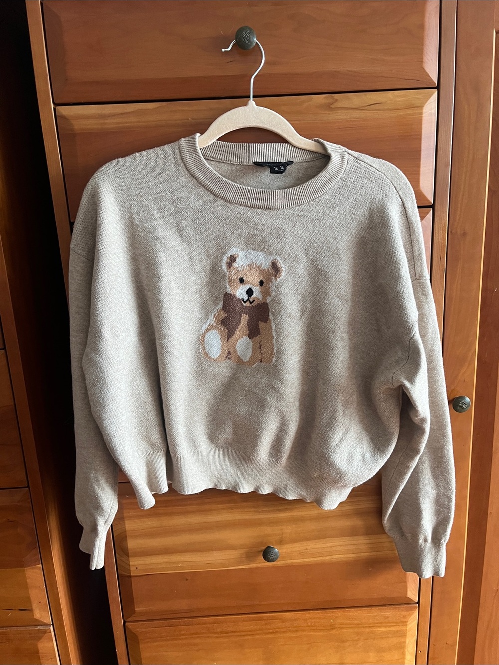 Arden B tan sweater with teddy bear, marked XL, but fits more like a large